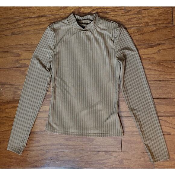 Womens Beige/Tan Ribbed Mock Neck Long Sleeve Size Small Stretchy - Picture 2 of 14